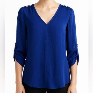 Ellen Tracy Cobalt Blue Blouse with Gold Studs – Size M